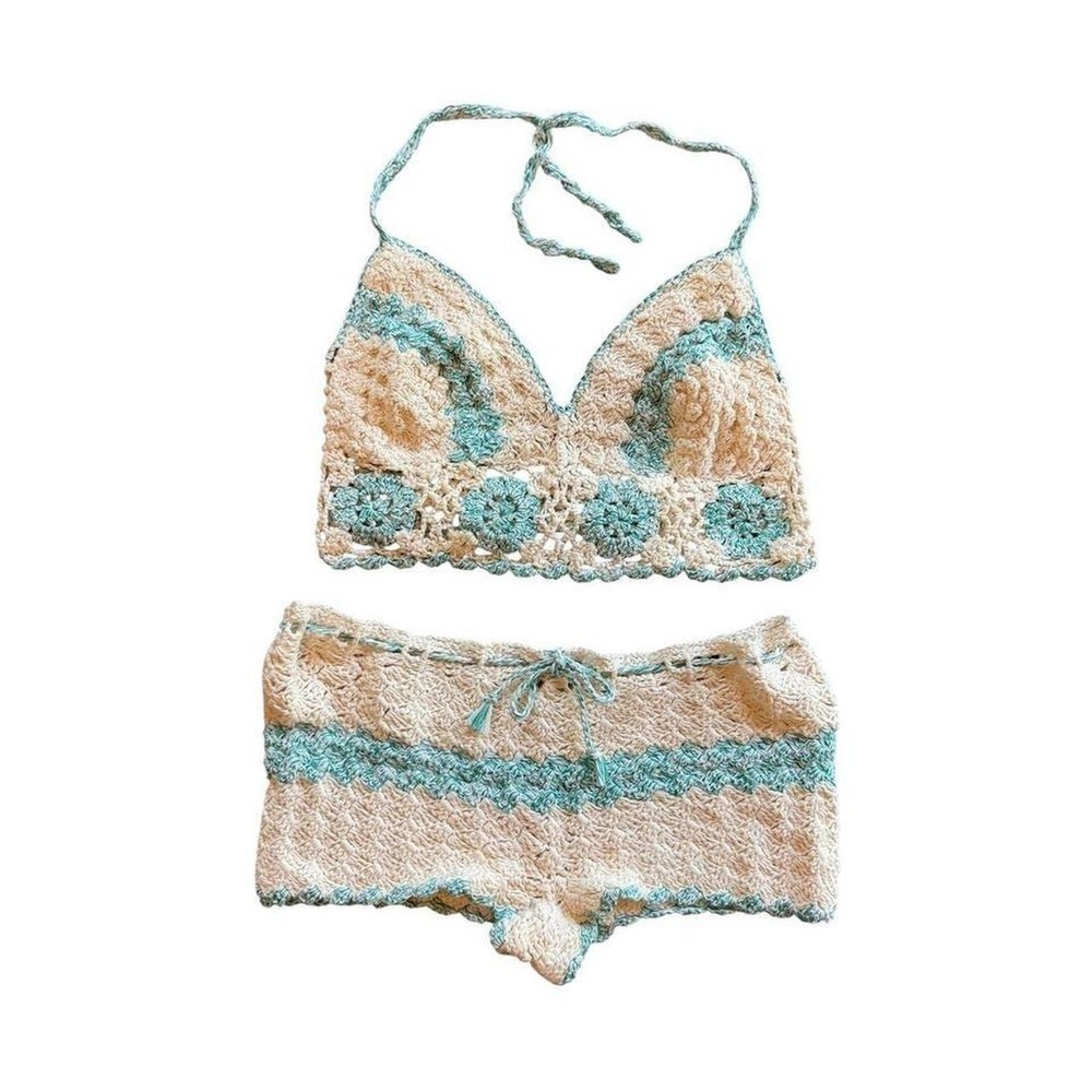Handmade‎ Crochet Two Piece Set Cream Green Floral Halter Top Booty Shorts